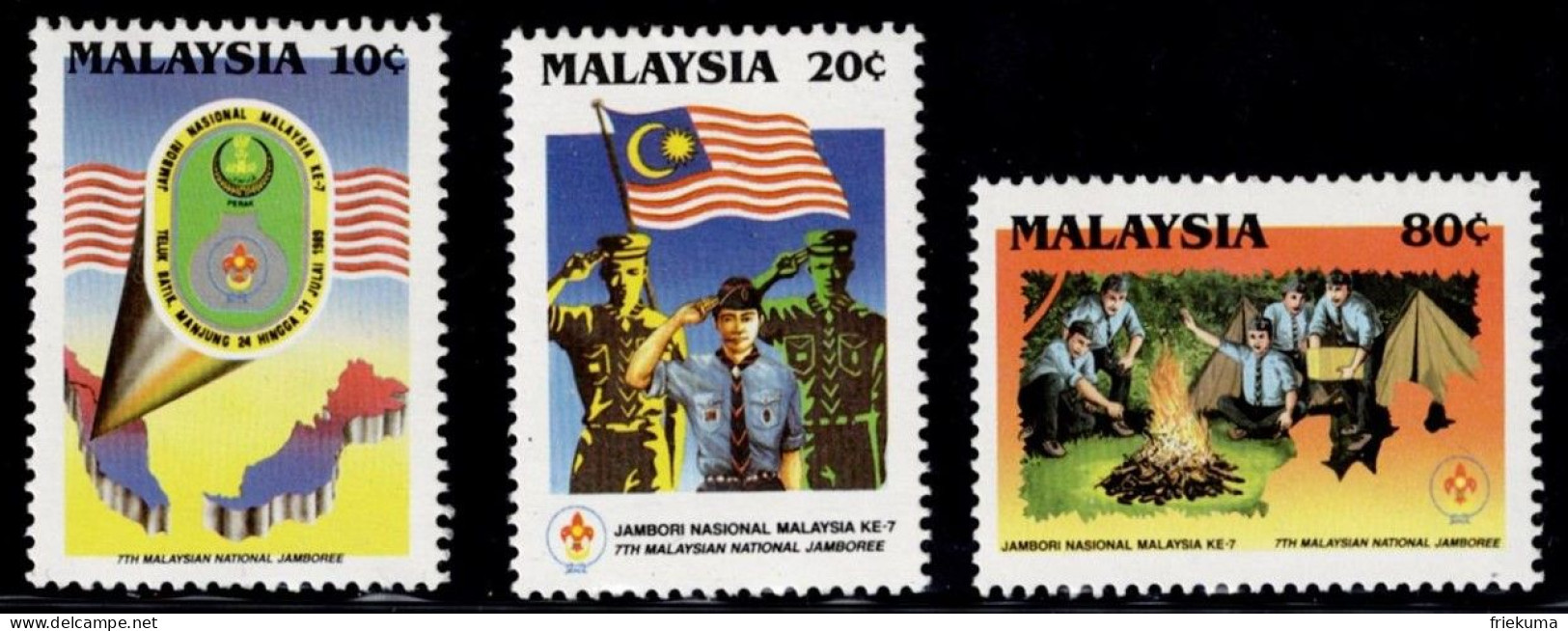 Malaysia 1989, National Scout Meeting: Scout Badge, Map Of Malaysia, Scouts, Scouts At The Campfire, MiNr. 400-402 - Unused Stamps
