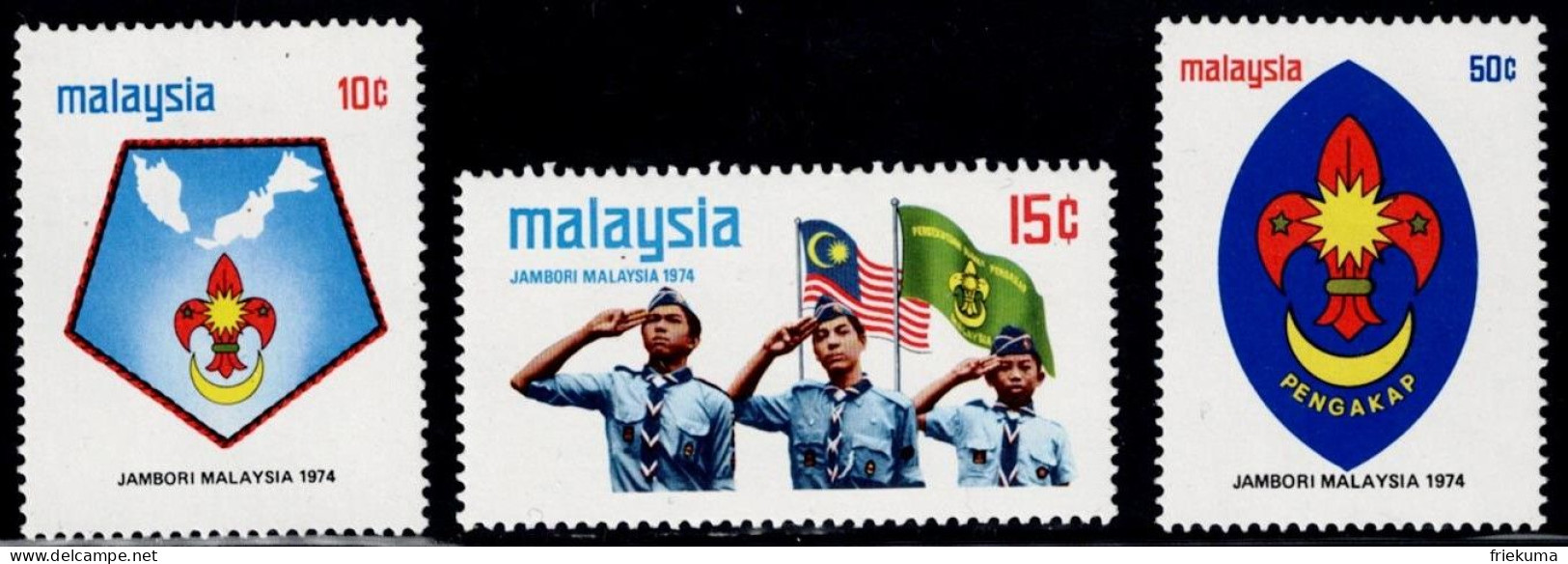 Malaysia 1974, Malaysian Scout Meeting: Scout Emblem Of Malaysia, Greeting Scouts, Flags, Scout Badges, MiNr. 116-118 - Nuevos