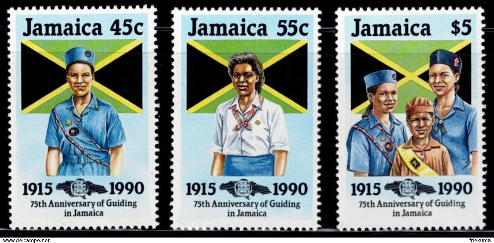 Jamaica 1990, 75 Years Of Girl Guides In Jamaica: Girl Scouts, National Flag/Eclaireuses, Drapeau D'État MiNr. 733-735 - Nuevos