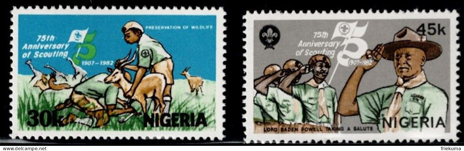 Nigeria 1982, 75th Anniv. Of The Scout Movement; 125th Birthday Of Robert Baden-Powell: Animal Welfare, MiNr. 391-392 - Unused Stamps