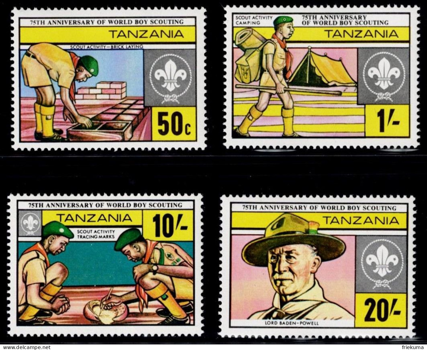 Tanzania 1982, 75 Years Of The Scout Movement: Scouts Painting A Brick, Tent, Scouts Marking A Path, MiNr. 205-208 - Nuevos