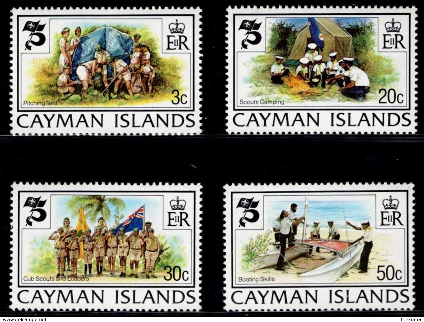 Cayman Islands 1982, 75 Years Of Scouts: Building A Tent, Scouts In The Camp, Scout Group, Scouts Boat, MiNr. 494-497 - Unused Stamps