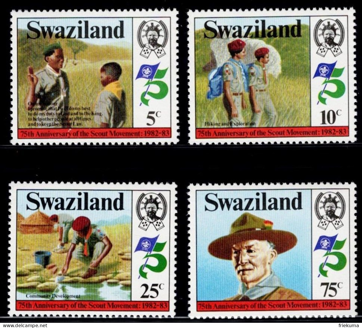 Swaziland 1982, 75 Years Of The Scout Movement: Scout Oath, Travelling Scouts, Scouts Take Water Samples, MiNr. 415-418 - Nuevos