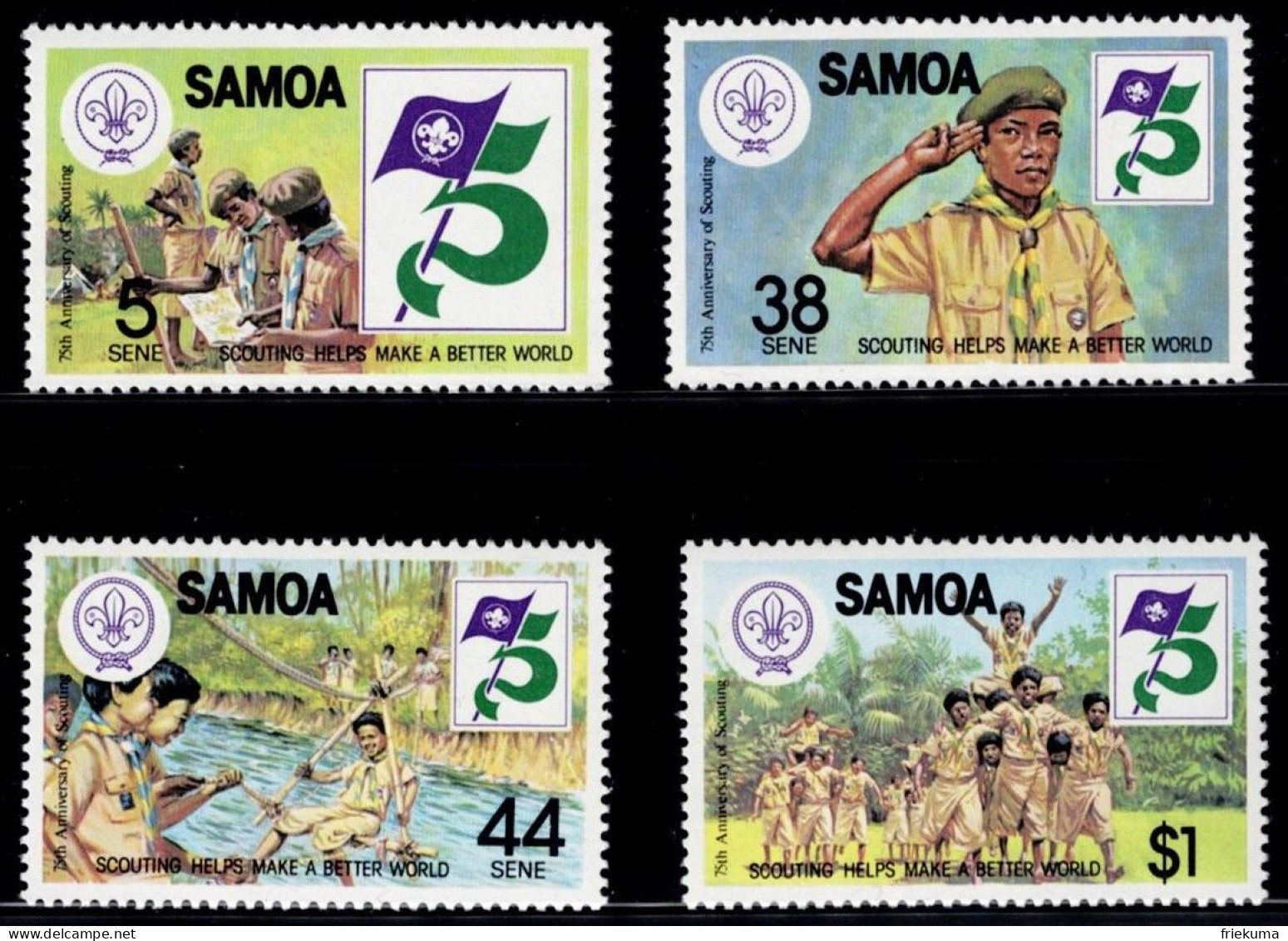 Samoa 1982, 75 Years Of The Scout Movement: Scouts With A Map, Scout Greeting, Rope Bridge, Scout Group, MiNr. 481-484 - Unused Stamps