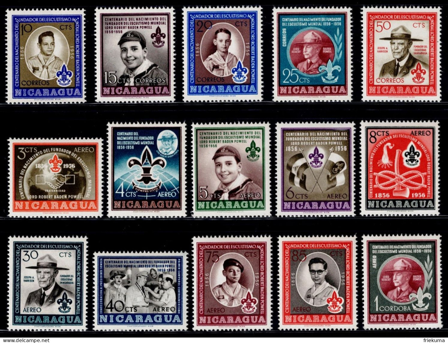 Nicaragua 1957, Scouts: 100th Birthday Of Lord Robert Baden-Powell, The Founder Of The Scout Movement, MiNr. 1126-1140 - Unused Stamps