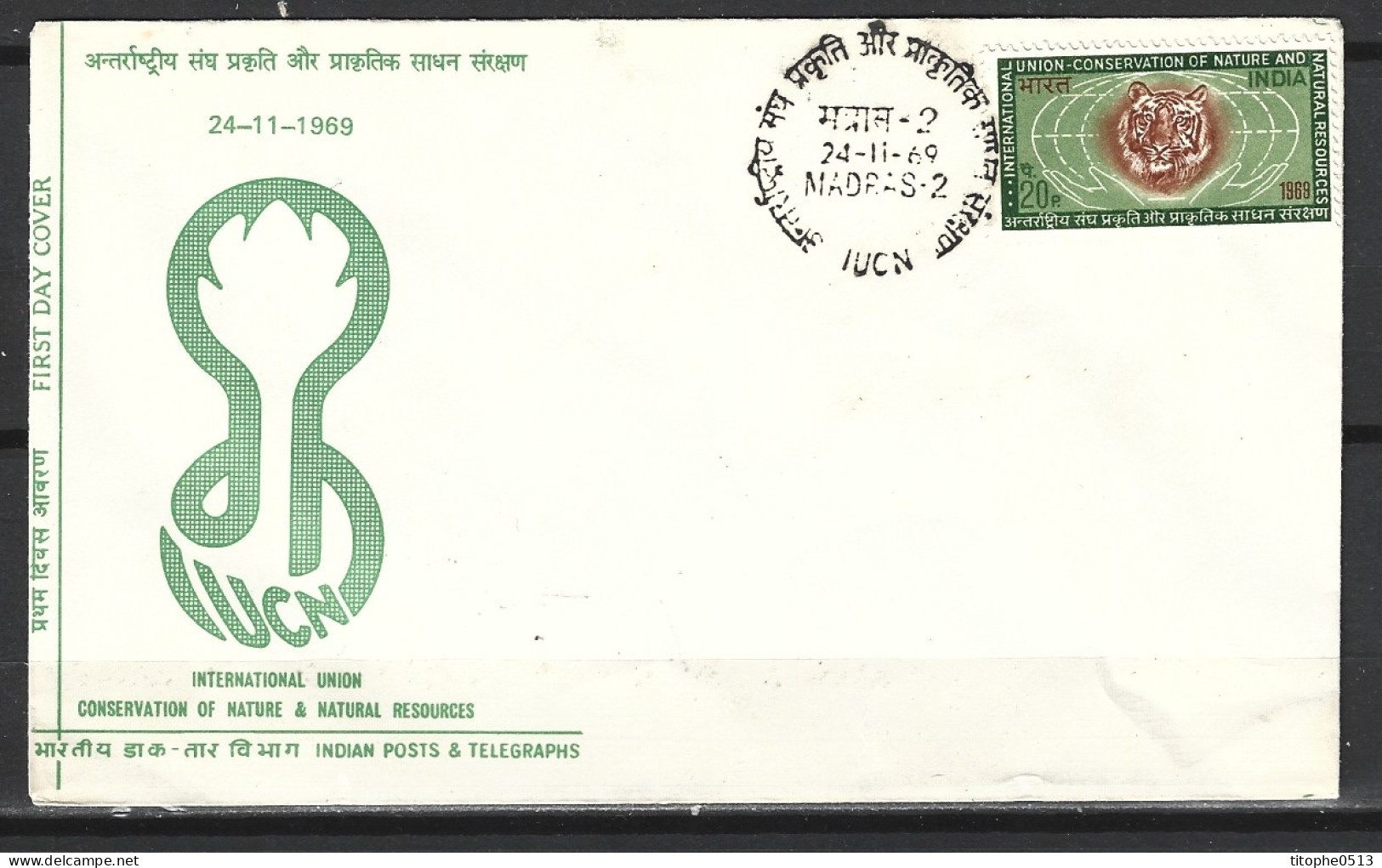 INDE. N°287 Sur Enveloppe 1er Jour (FDC) De 1969. Tigre. - Félins