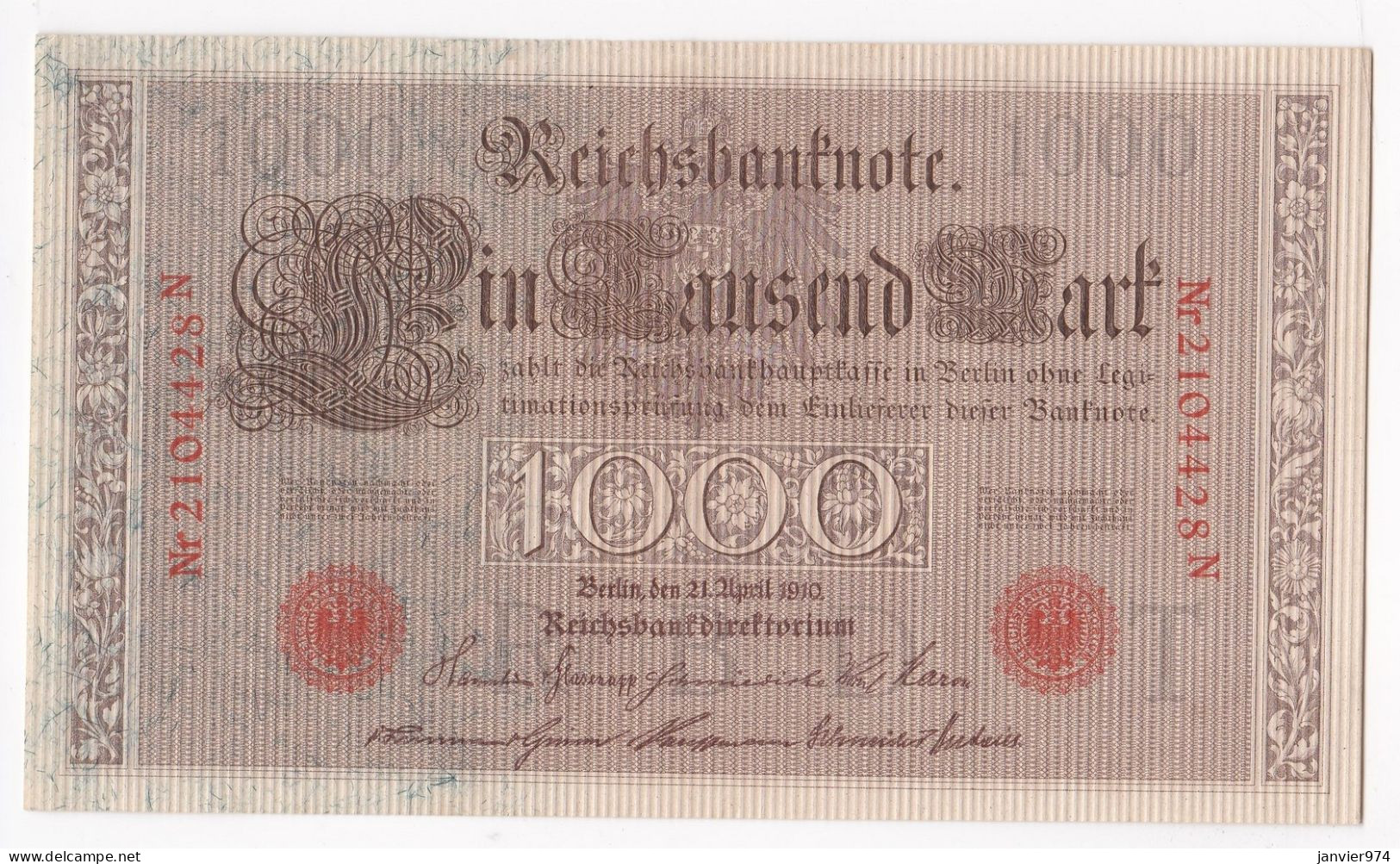 1000 Mark 21 Avril 1910. Serie : Nr 2104428 N, Billet Neuf , No Circulé - 1000 Mark