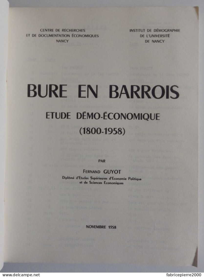 GUYOT - Bure-en-Barrois. Etude Démo-économique (1800-1958) 1958 TBE Meuse Nucléaire Cigéo Radioactivité - Lorraine - Vosges