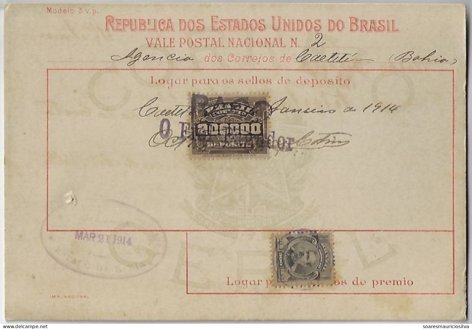 Brazil 1914 Money Order From Caetité To Salvador Bahia Vale Postal Stamp 20$ Réis Próceres 300 Rs Floriano Peixoto - Briefe U. Dokumente