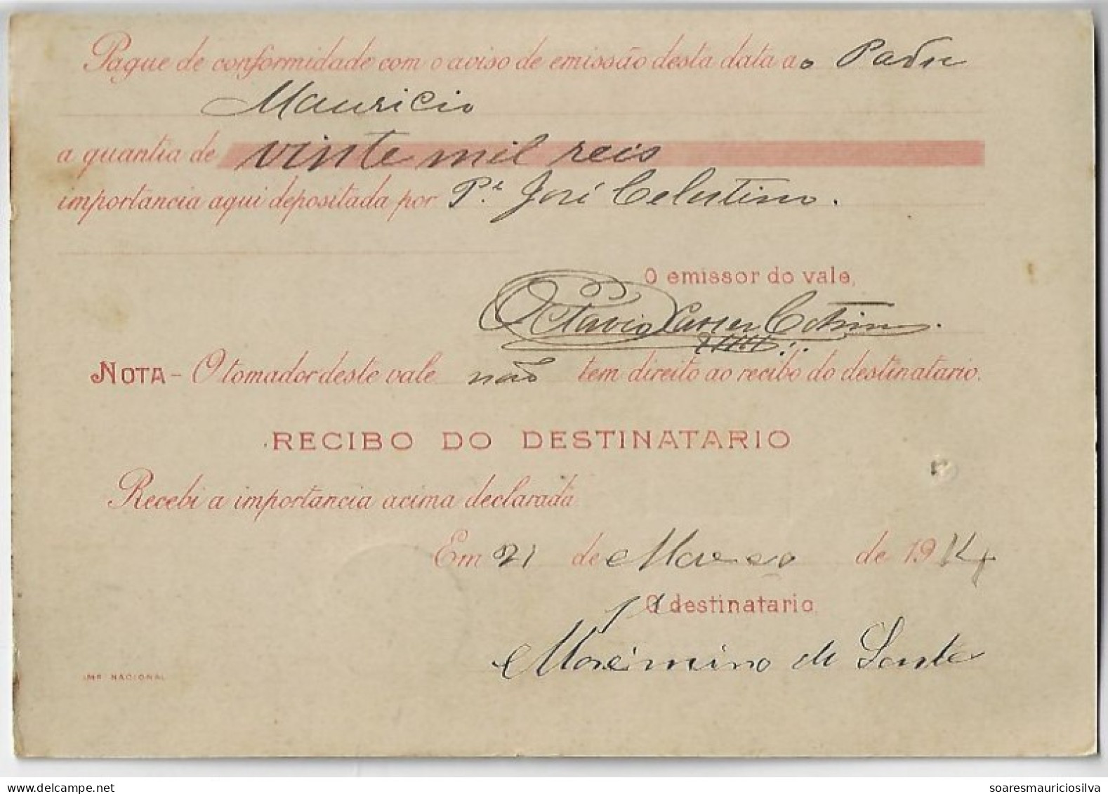 Brazil 1914 Money Order From Caetité To Salvador Bahia Vale Postal Stamp 20$ Réis Próceres 300 Rs Floriano Peixoto - Covers & Documents