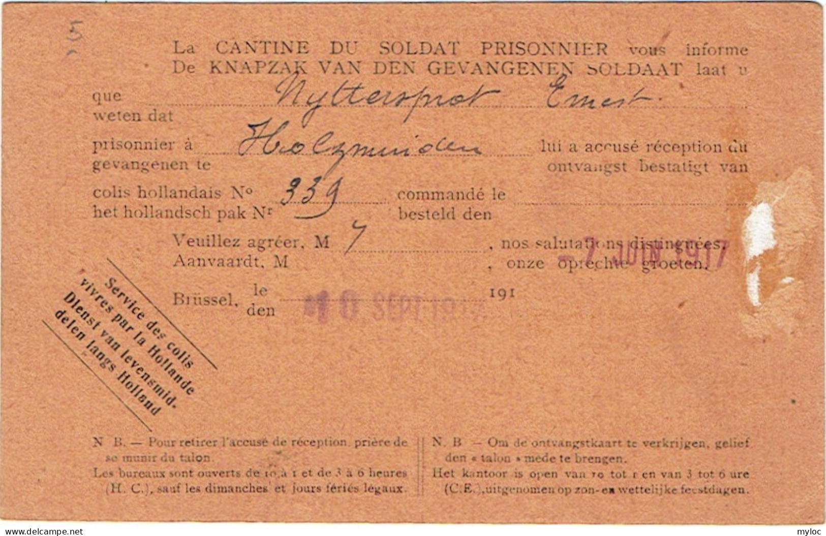 Kriegsgefangenensendung. Cantine Du Soldat Prisonnier. Brussel To Holzmiden 1917. - Krijgsgevangenen