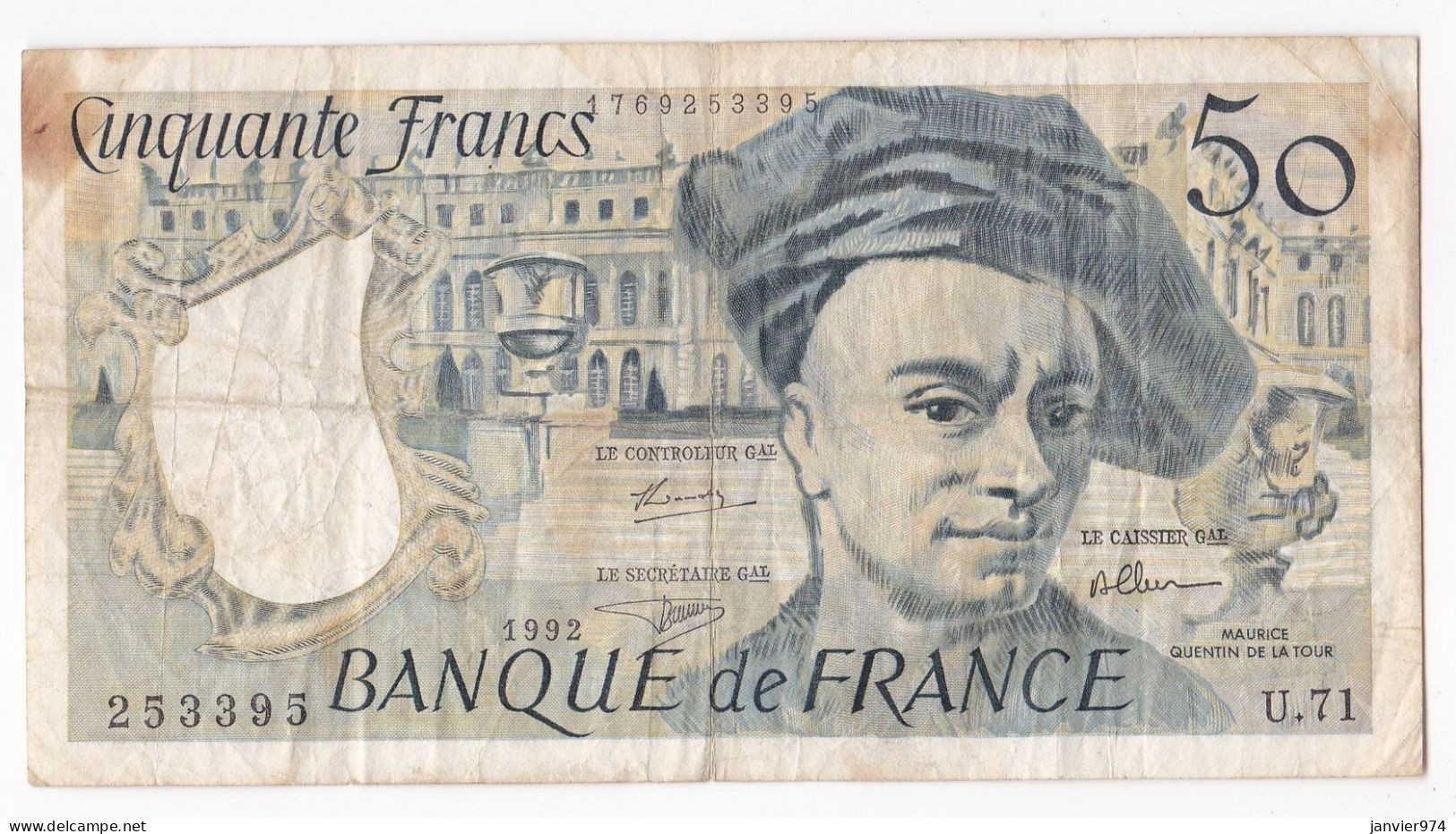 50 Francs Quentin De La Tour 1992 Alphabet U.71 N° 253395, Circulé - 50 F 1976-1992 ''quentin De La Tour''