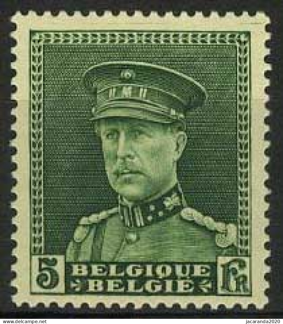 België 323 ** - Koning Albert I - "Albert Met Kepi" - 5F Groen - SUP - 1931-1934 Kepi