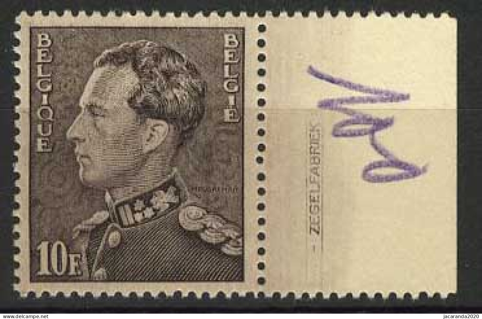 België 434B ** - Koning Leopold III - Type Poortman - 10F Lilagrijs - Randinscriptie "Zegelfabriek" - Zeldzaam - Rare - 1936-51 Poortman