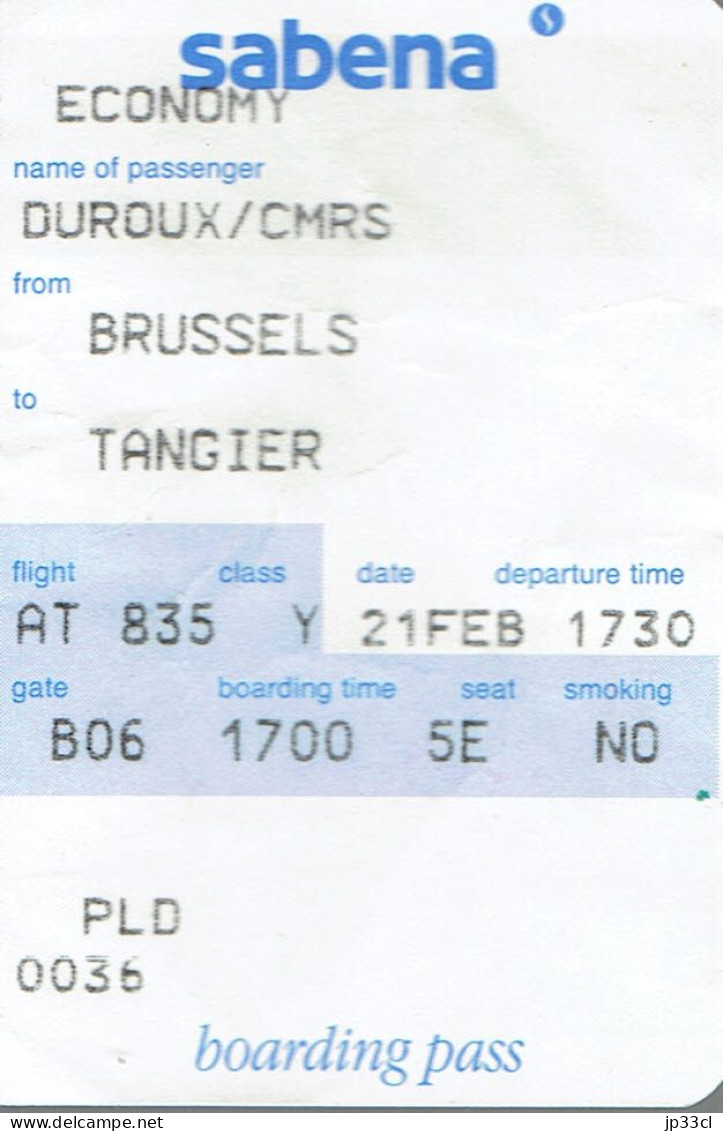 Sabena Boarding Pass Brussels Tangier (Economy, 21/02/1998) - Billetes