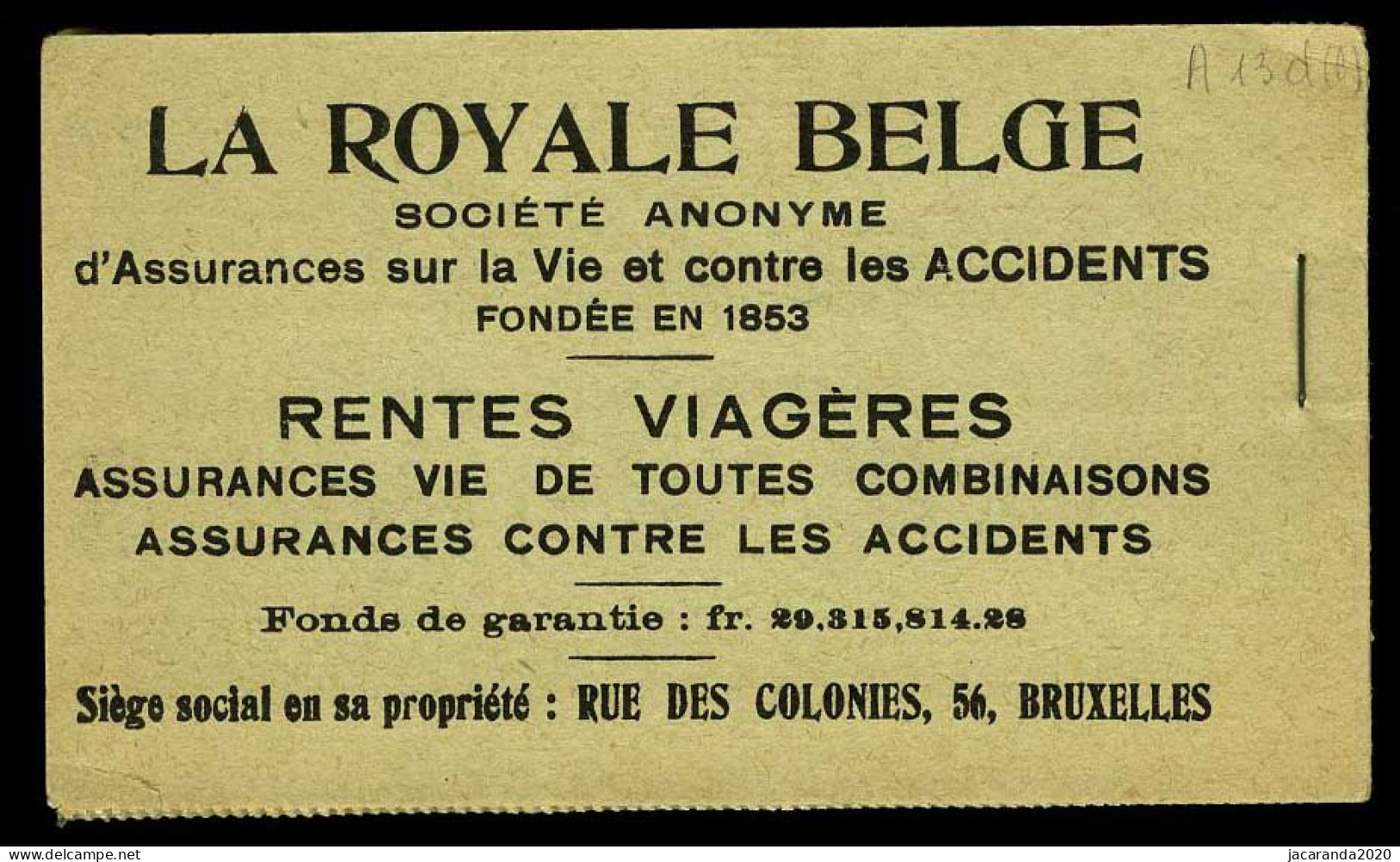 België Boekje A13d(b) - Volledig - Groen Kaftje - 50 Zegels - Doorschijnende Schutblaadjes - 1914  - 1907-1941 Alte [A]