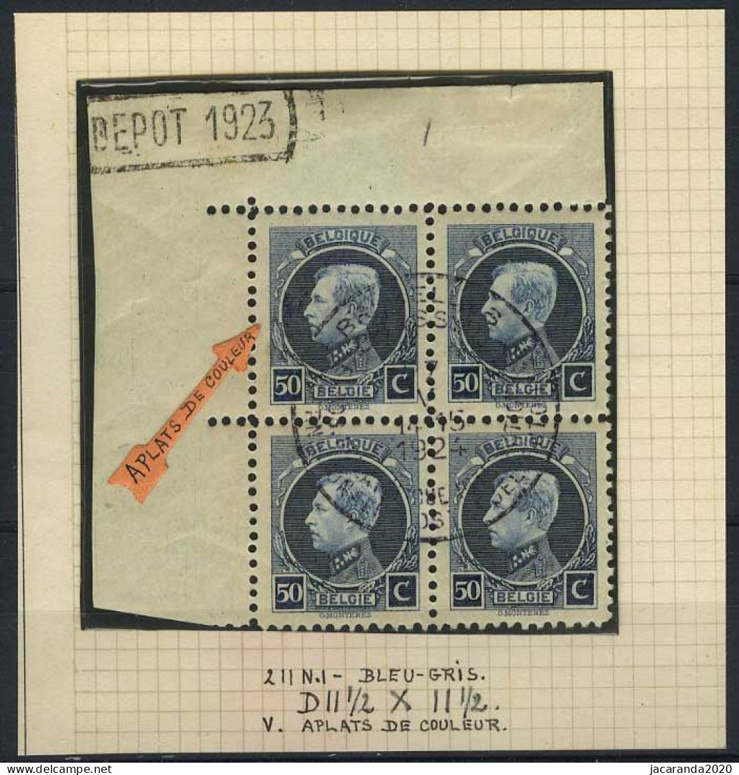 België DEPOT Stempel Op 211 In Blok Van 4 - Met Variëteit 211-V2 - Kleine Montenez - 50c - Met Gelegenheidsstempel - 1901-1930