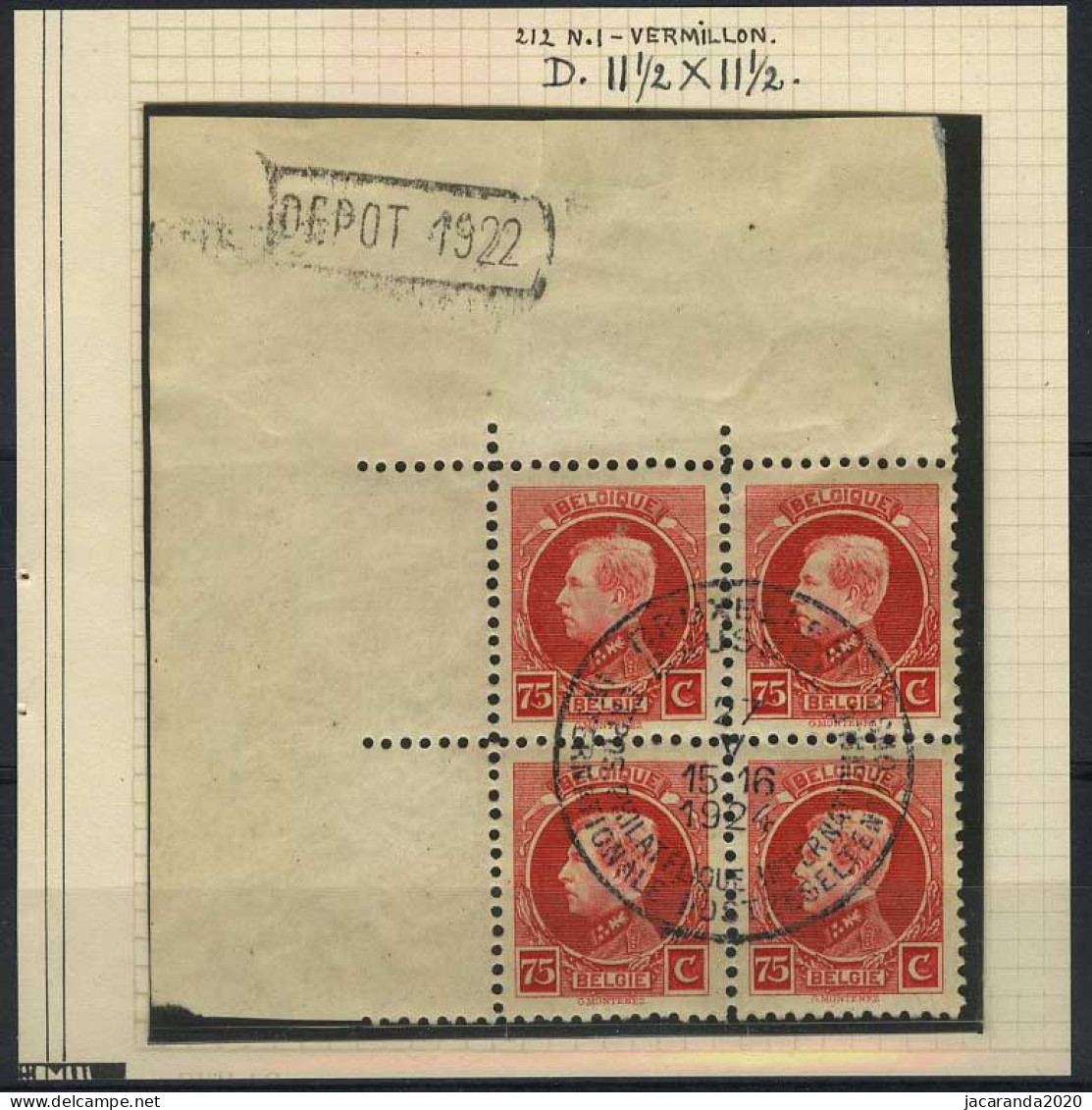 België DEPOT Stempel Op 212 In Blok Van 4 - Kleine Montenez - 75c Vermiljoen - Met Gelegenheidsafstempeling - 1921-1925 Small Montenez