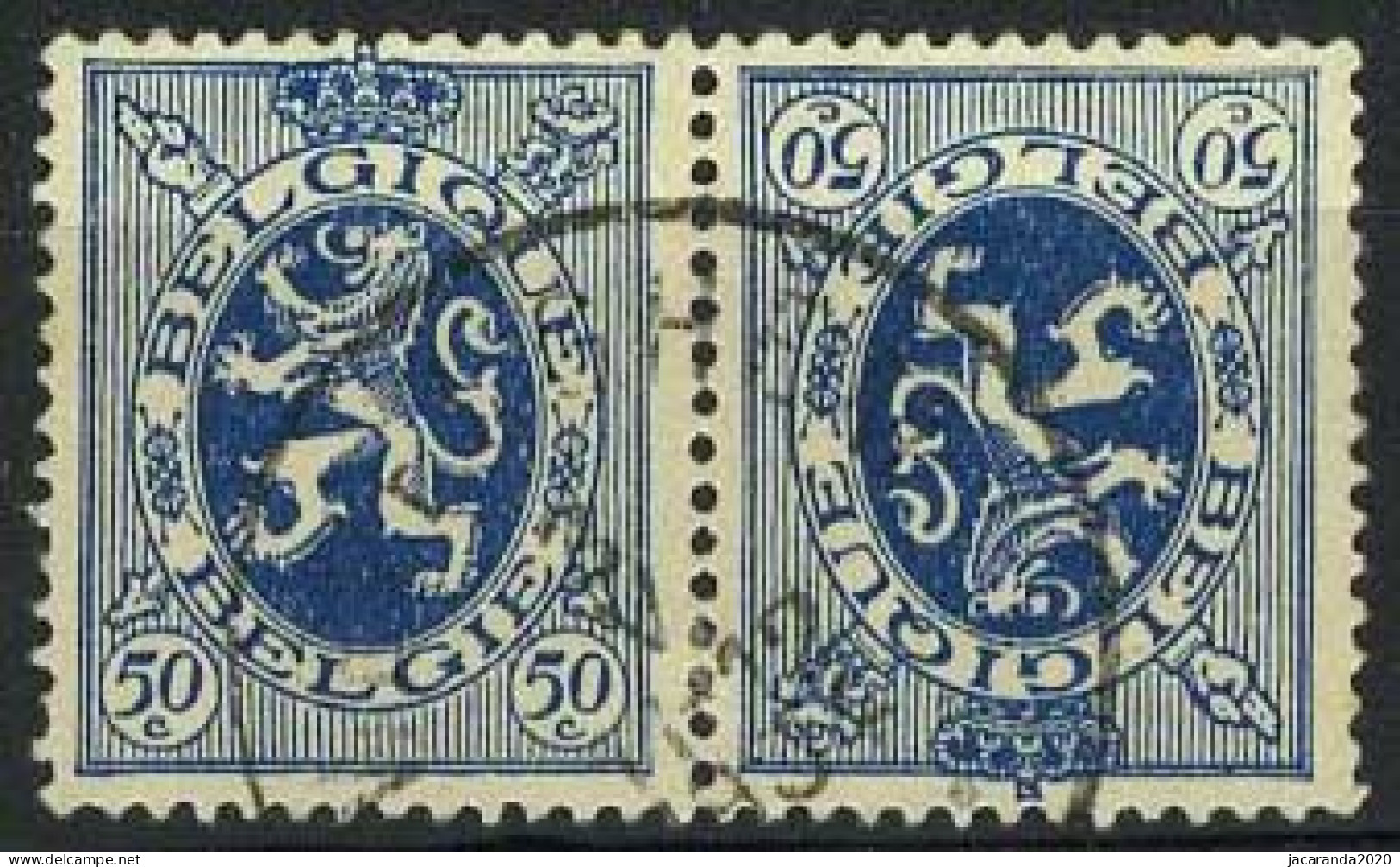 België KP8 - Heraldieke Leeuw - Lion Héraldique - 50c Blauw - Gestempeld - Kopstaande - Tête-bêche - Tete Beche  [KP] & Interpannelli [KT]