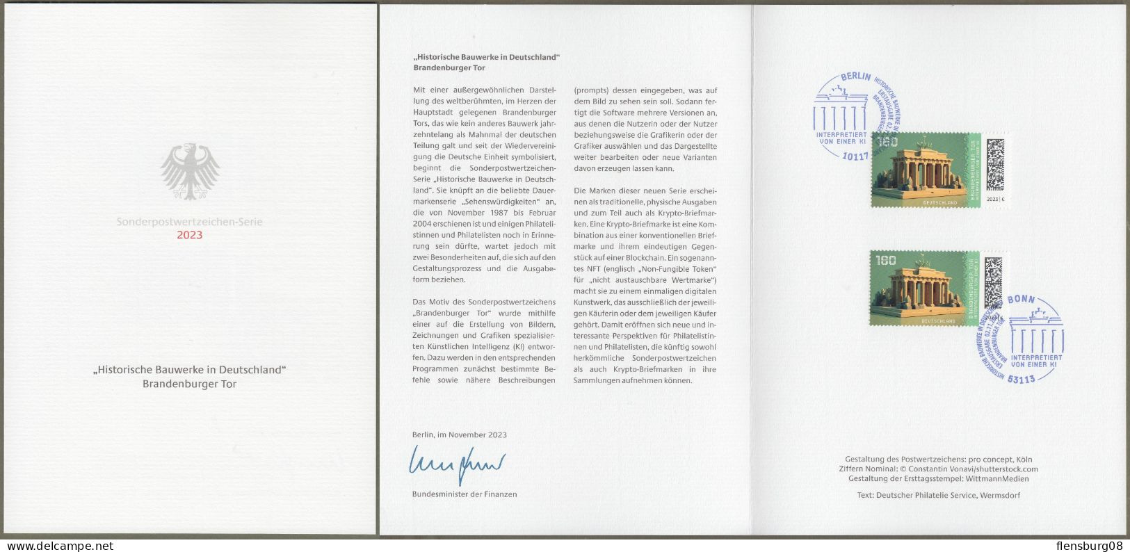 Bund: Minister Card - Ministerkarte Typ VII , Mi-Nr. 3796 " Historische Bauwerke In Deutschland: - Brandenburger Tor - " - Lettres & Documents