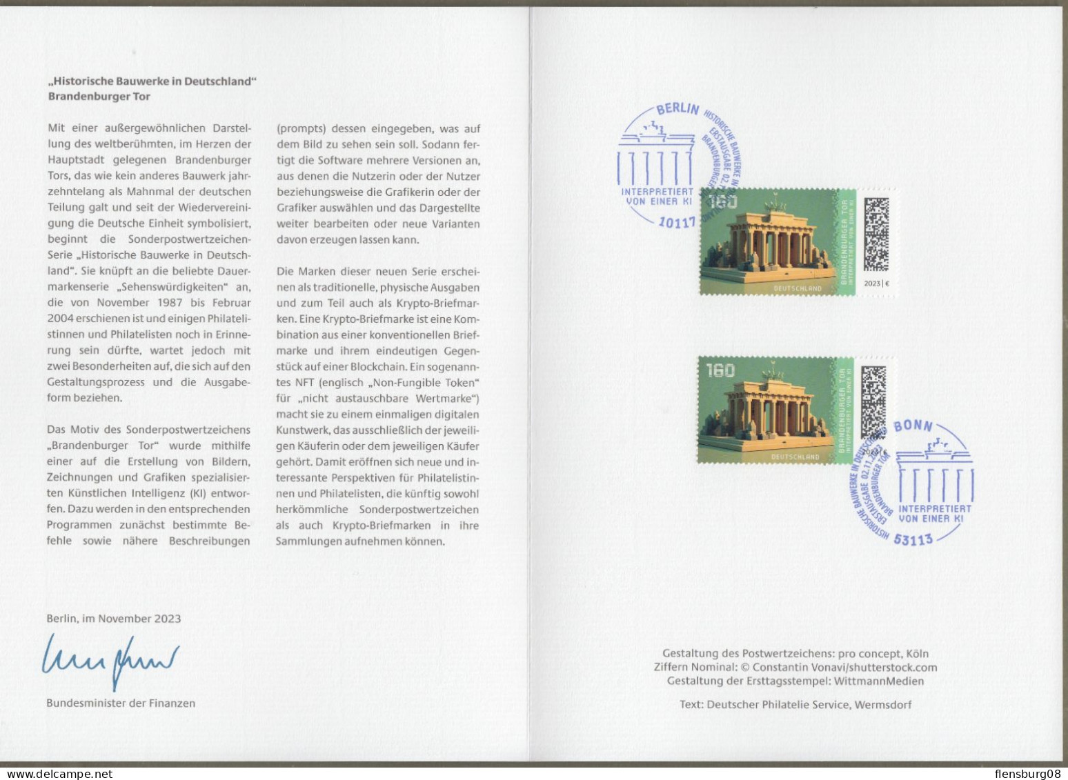 Bund: Minister Card - Ministerkarte Typ VII , Mi-Nr. 3796 " Historische Bauwerke In Deutschland: - Brandenburger Tor - " - Briefe U. Dokumente