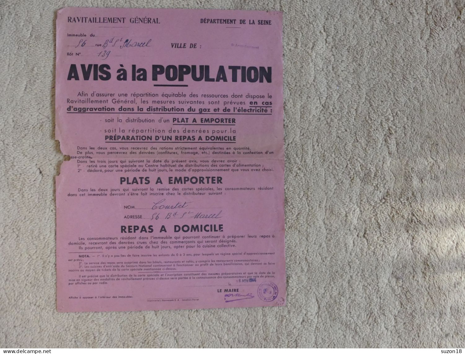Guerre 39-45 - Rationnement - Ravitaillement 1944 - Seine - Avis à La Population - - Afiches