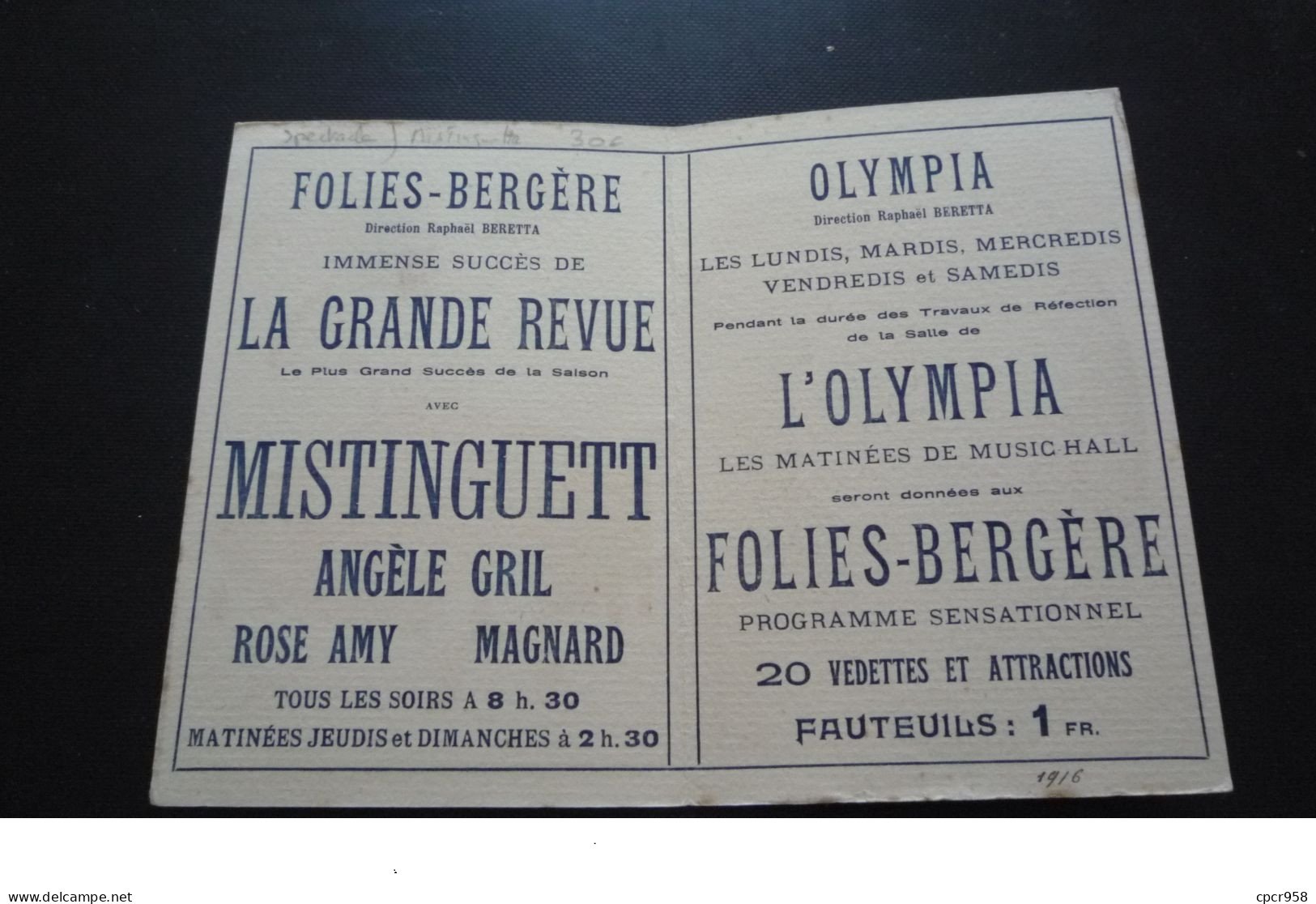 Spectacle- N°206446 - Mistinguett.folies Bergere.olympia.illustrateur Benda.cp Double - Cabarets