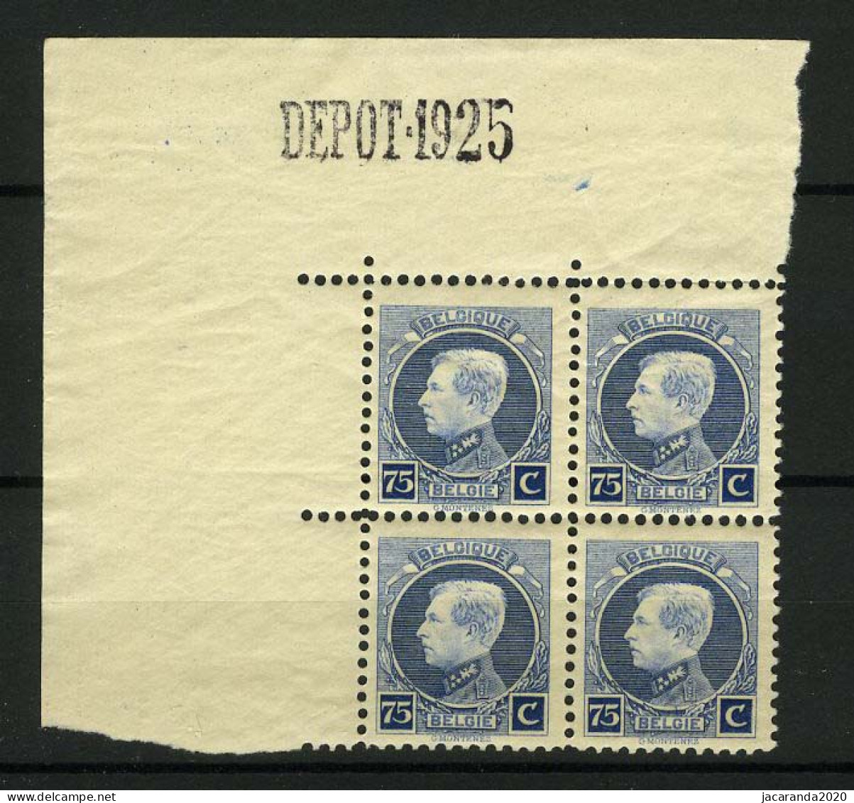 België 213 ** - Koning Albert I - Blok Van 4 - "DEPOT 1925" - MNH - LUXE - 1921-1925 Piccolo Montenez