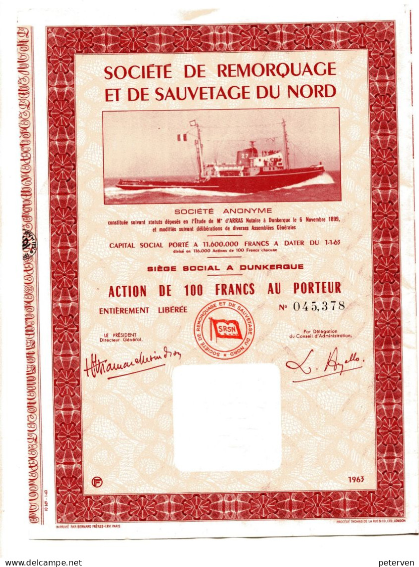 Société Du REMORQUAGE Et De SAUVETAGE Du NORD; Action De 100 Francs - Navigation