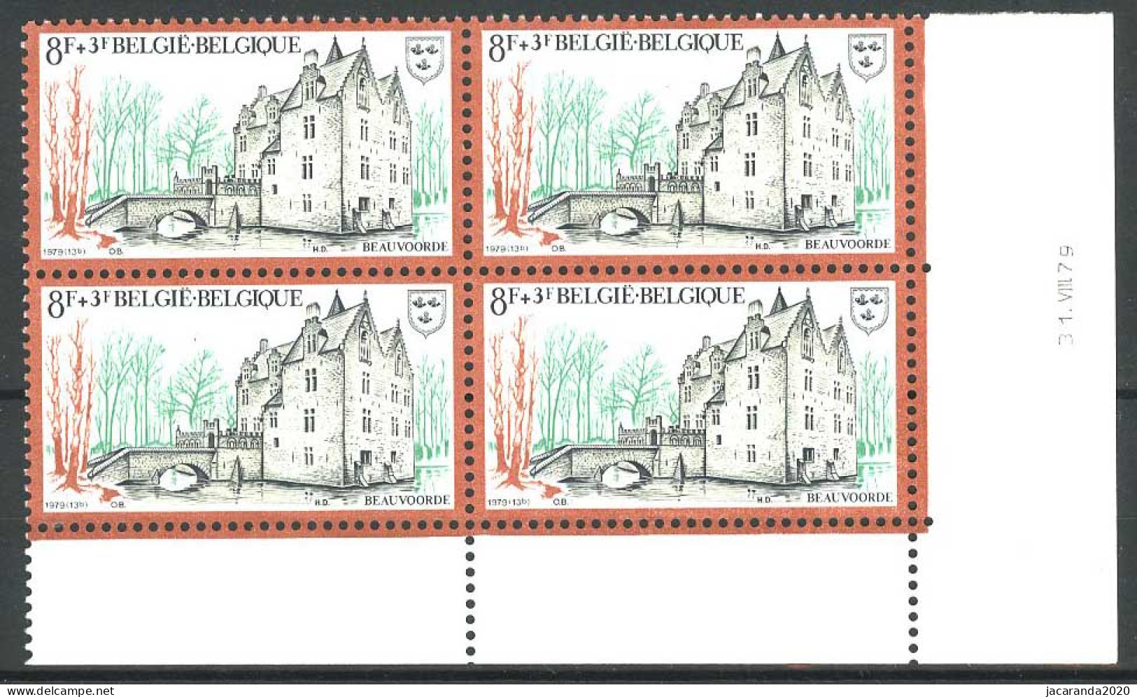 België 1941 - Culturele - Kasteel - Château - Blok Van 4 - 31 VIII 79 - Dated Corners