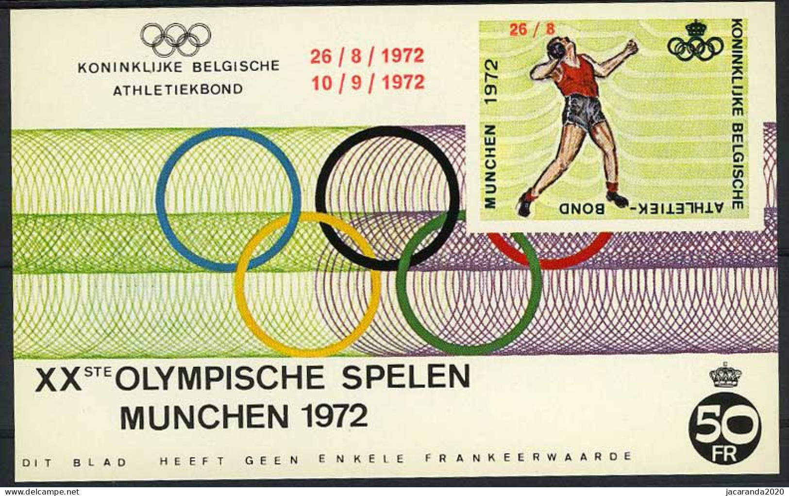 België E121 - Olympische Spelen - München 1972 - Kogelstoten - Met Opdruk - Avec Surcharge - Erinnofilie [E]