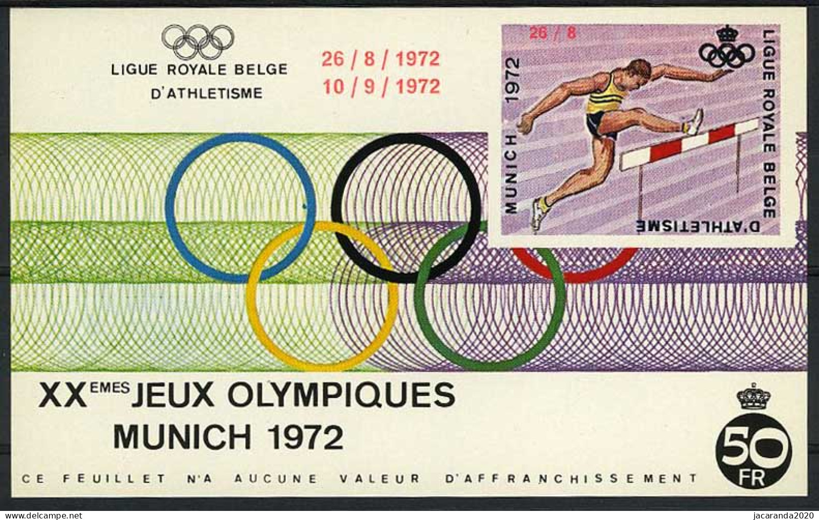 België E122 - Olympische Spelen - München 1972 - Hordenlopen - Met Opdruk - Avec Surcharge - Erinnophilia [E]