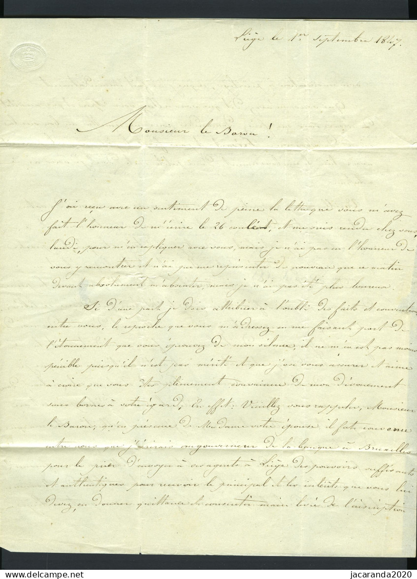 België Voorloper - Brief Van L. Dejaer Te Liège Naar Monsieur Le Baron  De Selys De Longchamps Te Waremme - SR - 1847 - 1830-1849 (Belgique Indépendante)