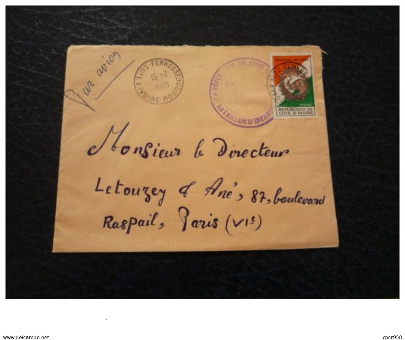 TIMBRE.n°8432.COTE D'IVOIRE.ANNEE 1968.FERKESSEDOUGOU-COTE D'IVOIRE.PAR AVION.PARIS.CACHET MILITAIRE - Otros - África