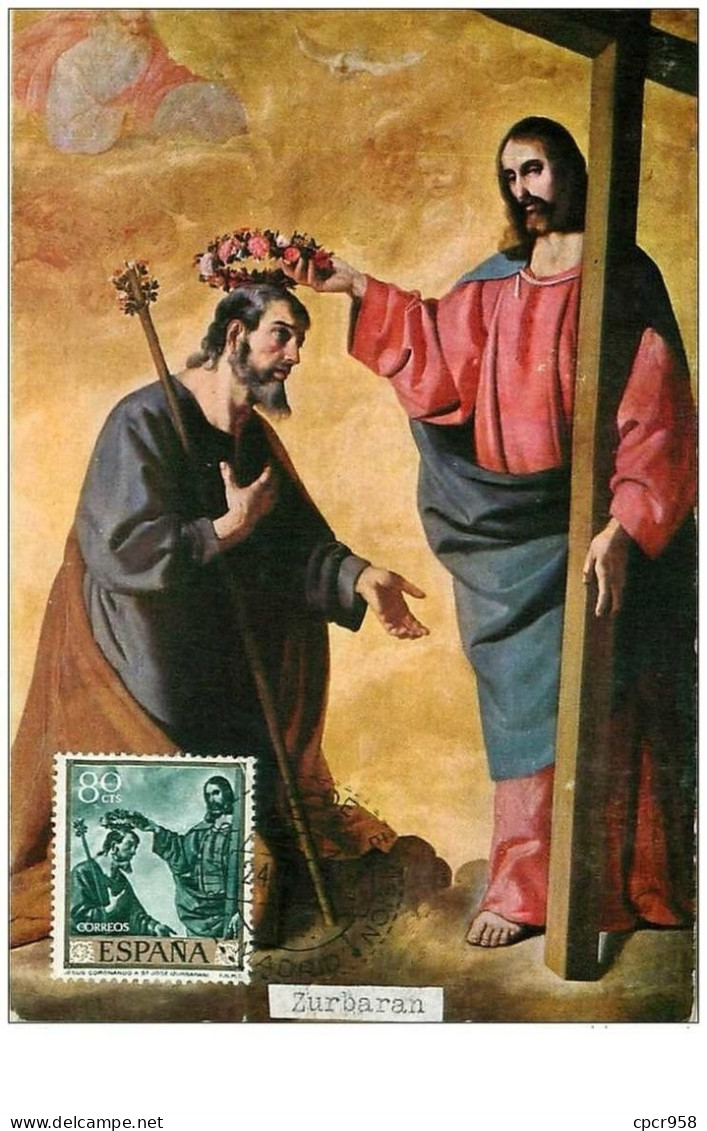 TIMBRES.CARTE MAX.n°9350.ESPAGNE.1962.ZURBARAN.LE CHRIST COURONNANT SAINT JOSEPH - Cartoline Maximum