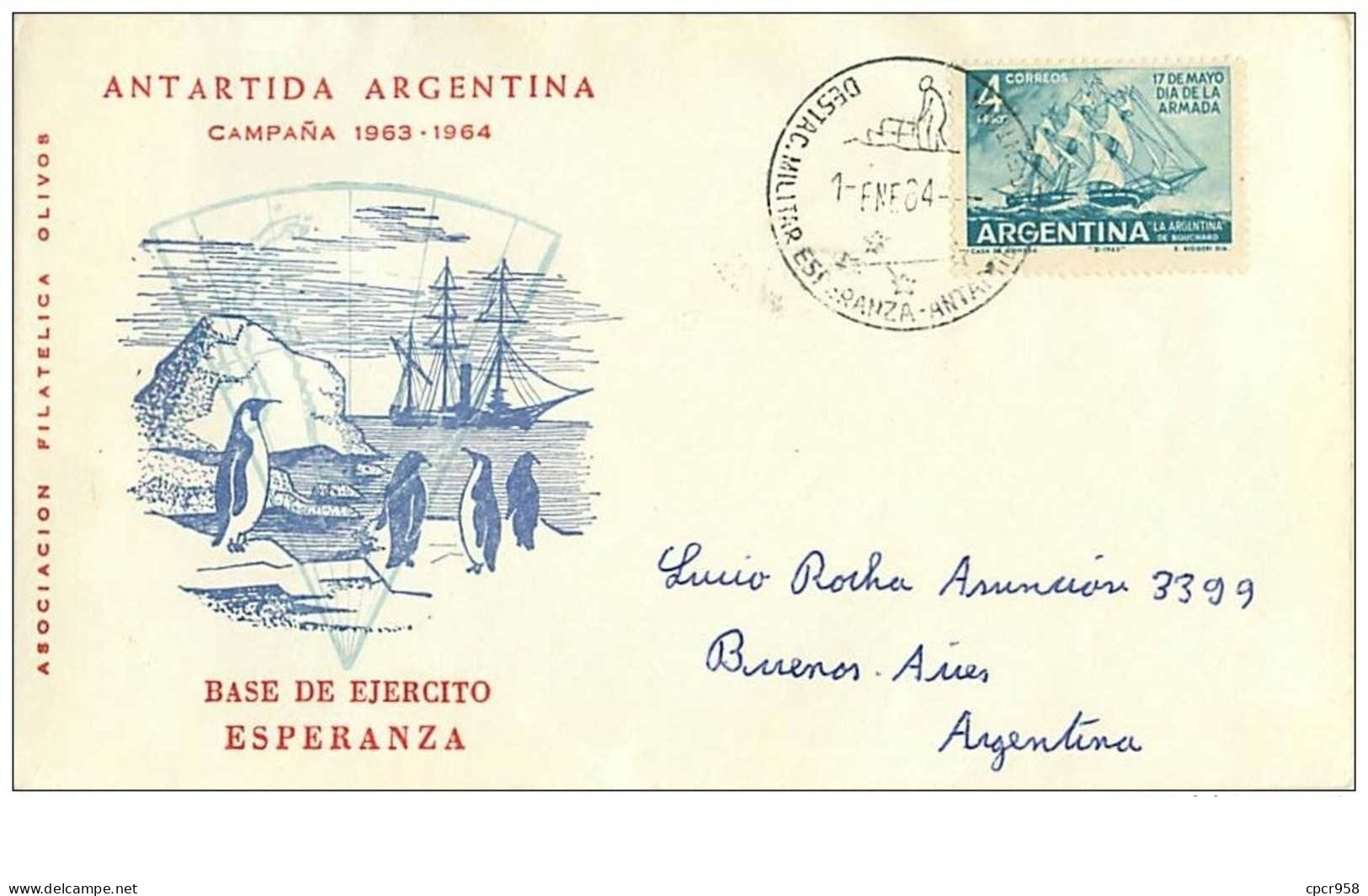 TIMBRES.n°2881.EXPEDITION POLAIRE.ANTARTIDA ARGENTINA-BUENOS AIRES.BASE DE EJERCITO ESPERANZA.1964.CACHETS - Andere & Zonder Classificatie