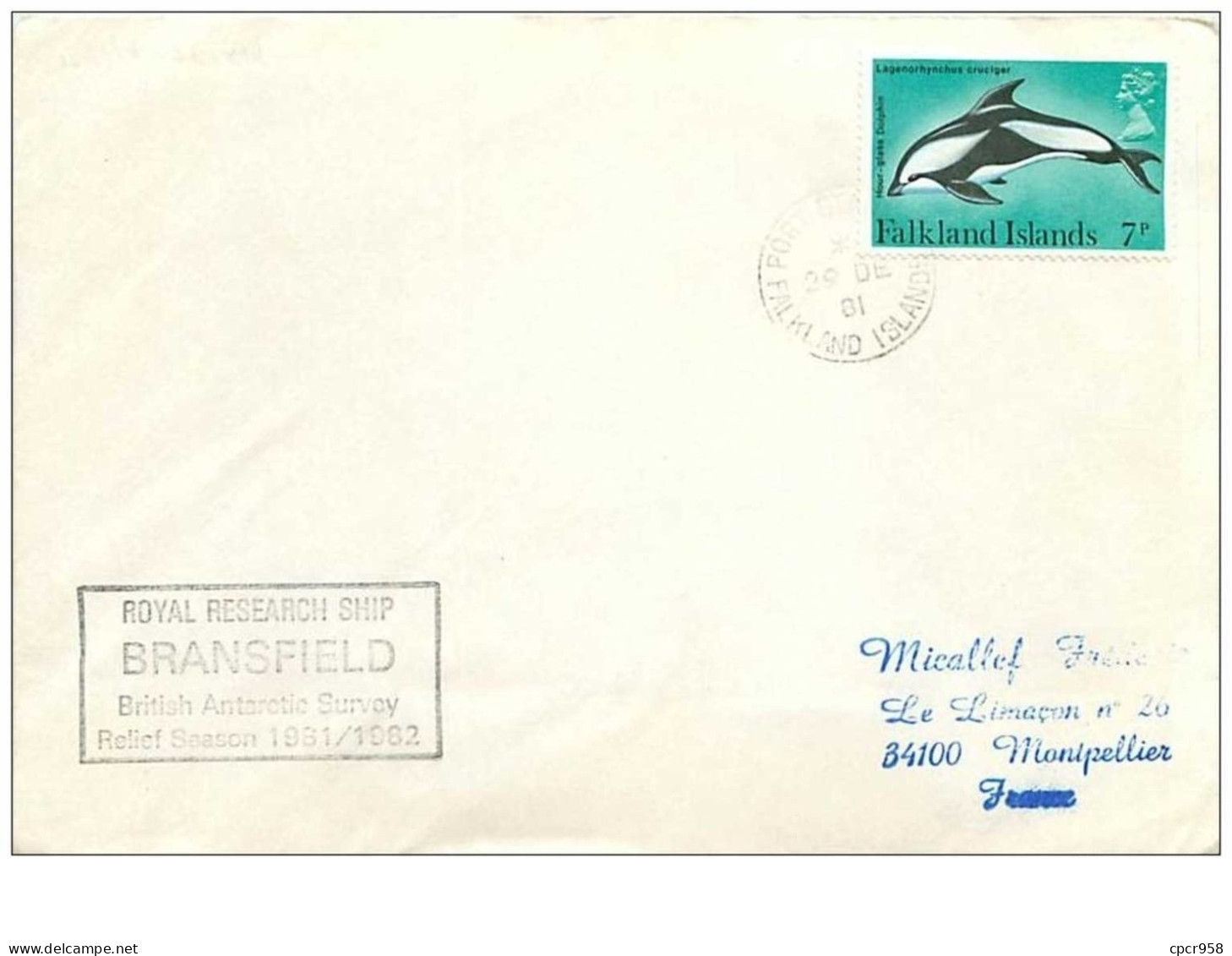 TIMBRES.n°2934.EXPEDITION POLAIRE.FALKLAND ISLAND-MONTPELLIER FRANCE.1981.ROYAL RESEARCH SHIP BRANSFIELD - Sonstige & Ohne Zuordnung