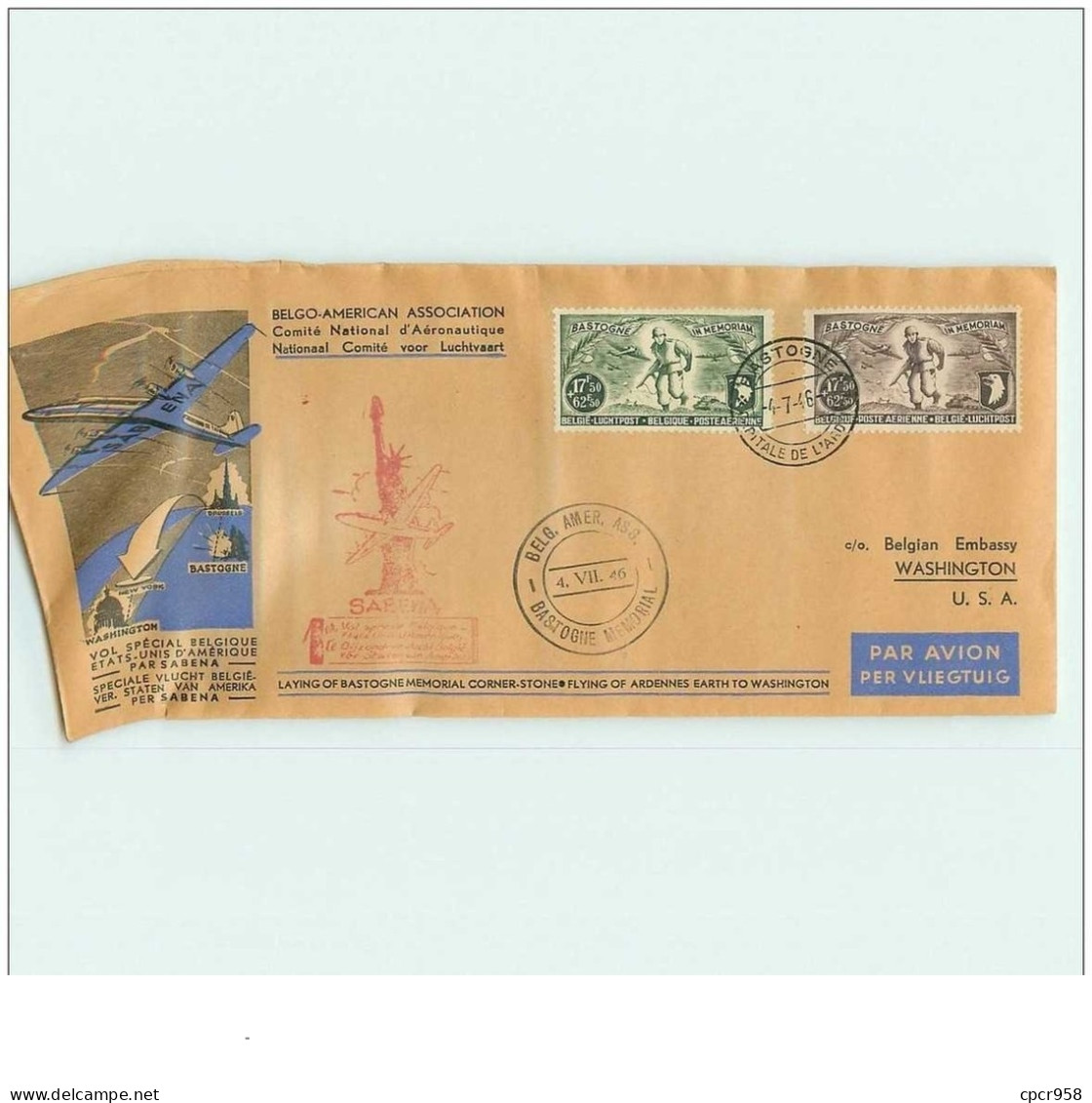 TIMBRES.n°9419.BELGIQUE.ETATS UNIS D'AMERIQUE PAR SABENA.POSTE AERIENNE.1946.PAR AVION - Brieven En Documenten