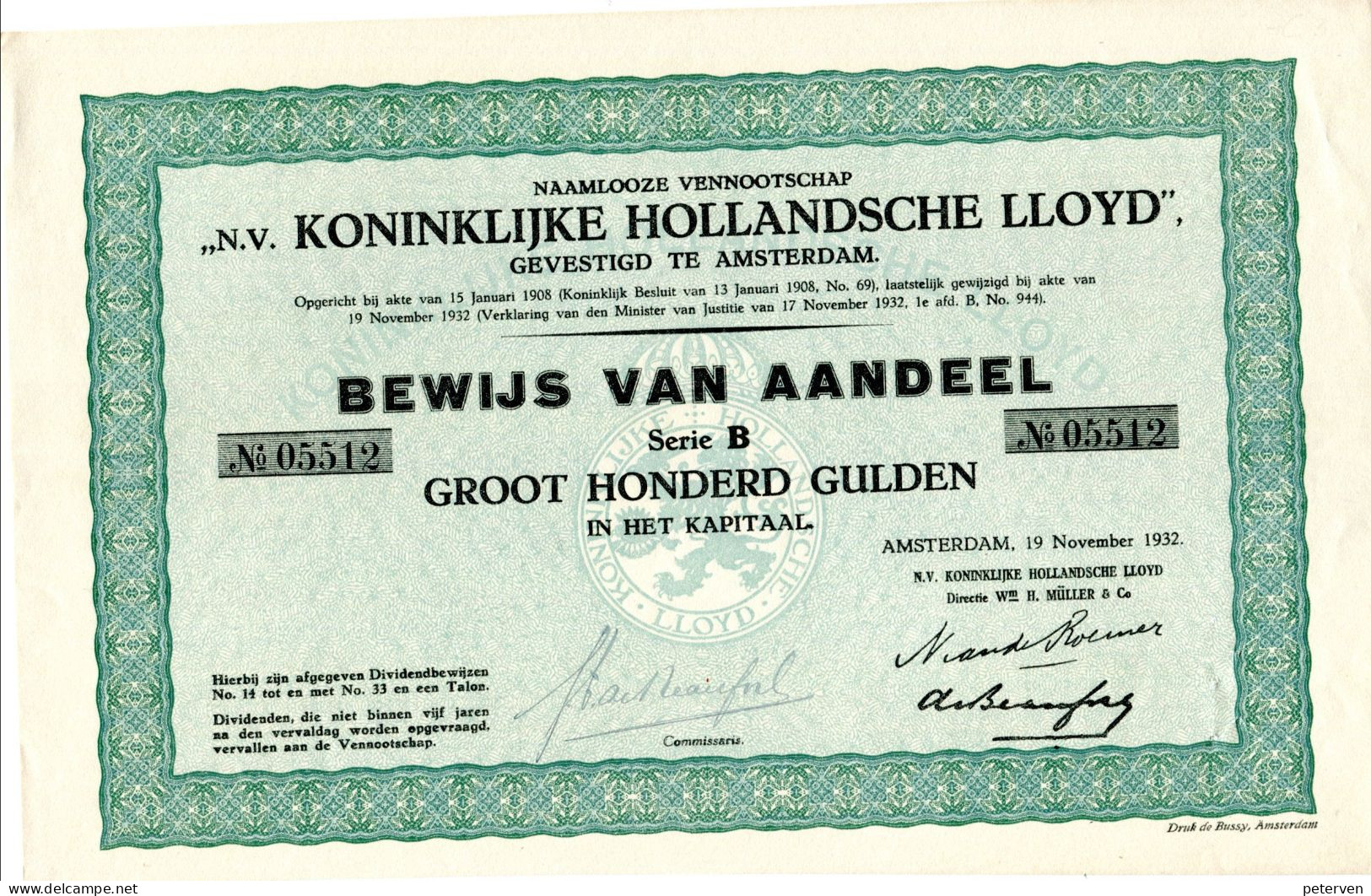 N.V. KONINKLIJKE HOLLANDSCHE LLOYD; Bewijs Van Aandeel 100 Gulden - Navigazione