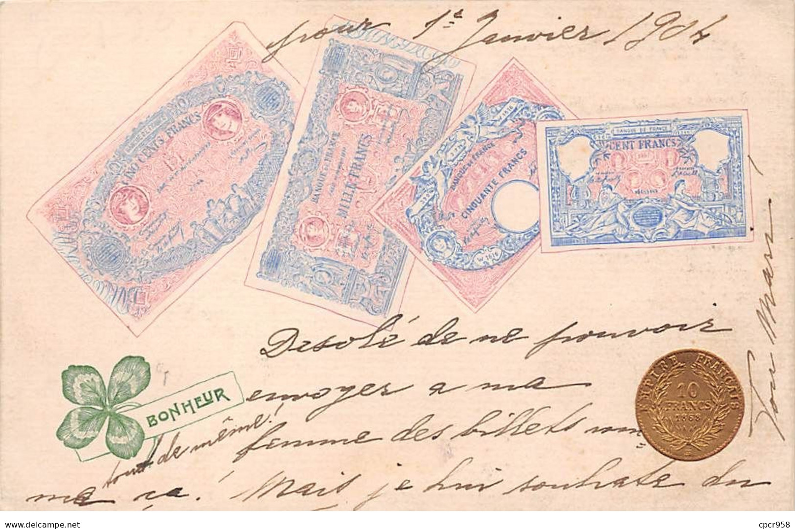 Représentations Monnaies - N°72584 - Bonheur - Billets Et Pièce De 10 Francs - Monnaies (représentations)