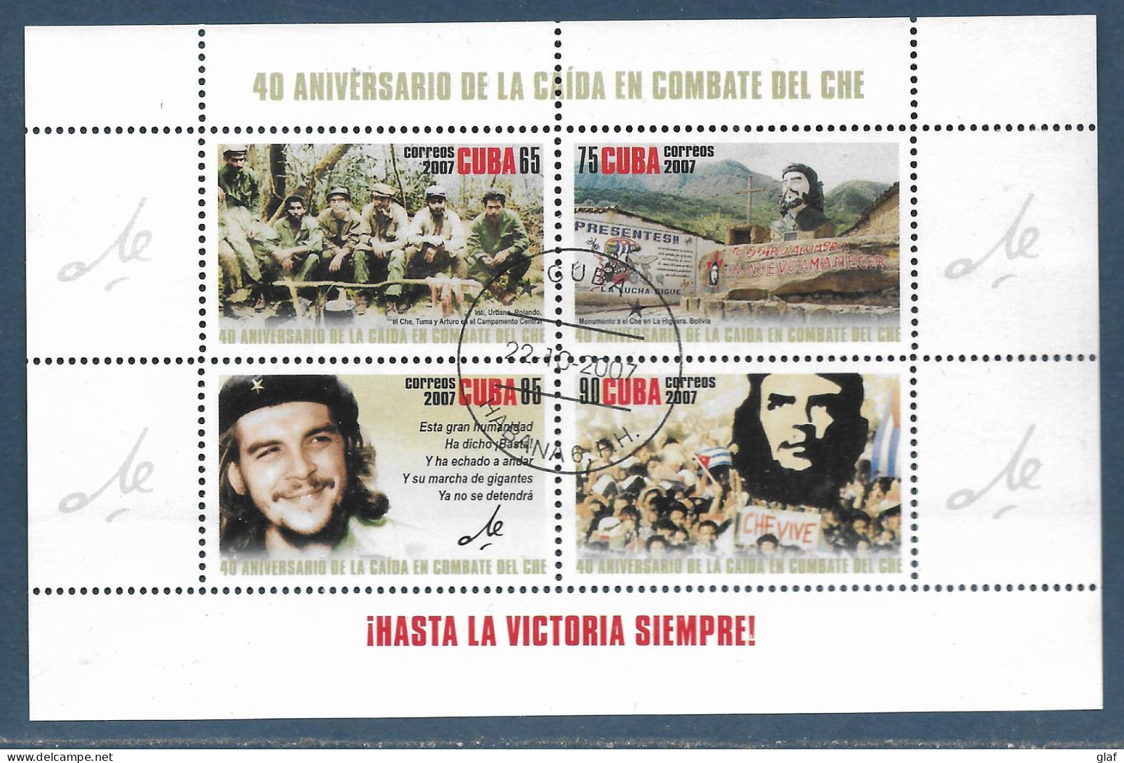 Cuba : Bloc De 4 TP émis Pour Le 40e Anniversaire De La Mort Au Combat De Che Guevara Tàd La Havane 22.10.2007 - Blocchi & Foglietti