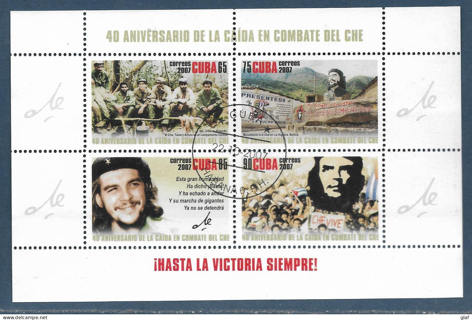 Cuba : Bloc De 4 TP émis Pour Le 40e Anniversaire De La Mort Au Combat De Che Guevara Tàd La Havane 22.10.2007 - Blocks & Sheetlets