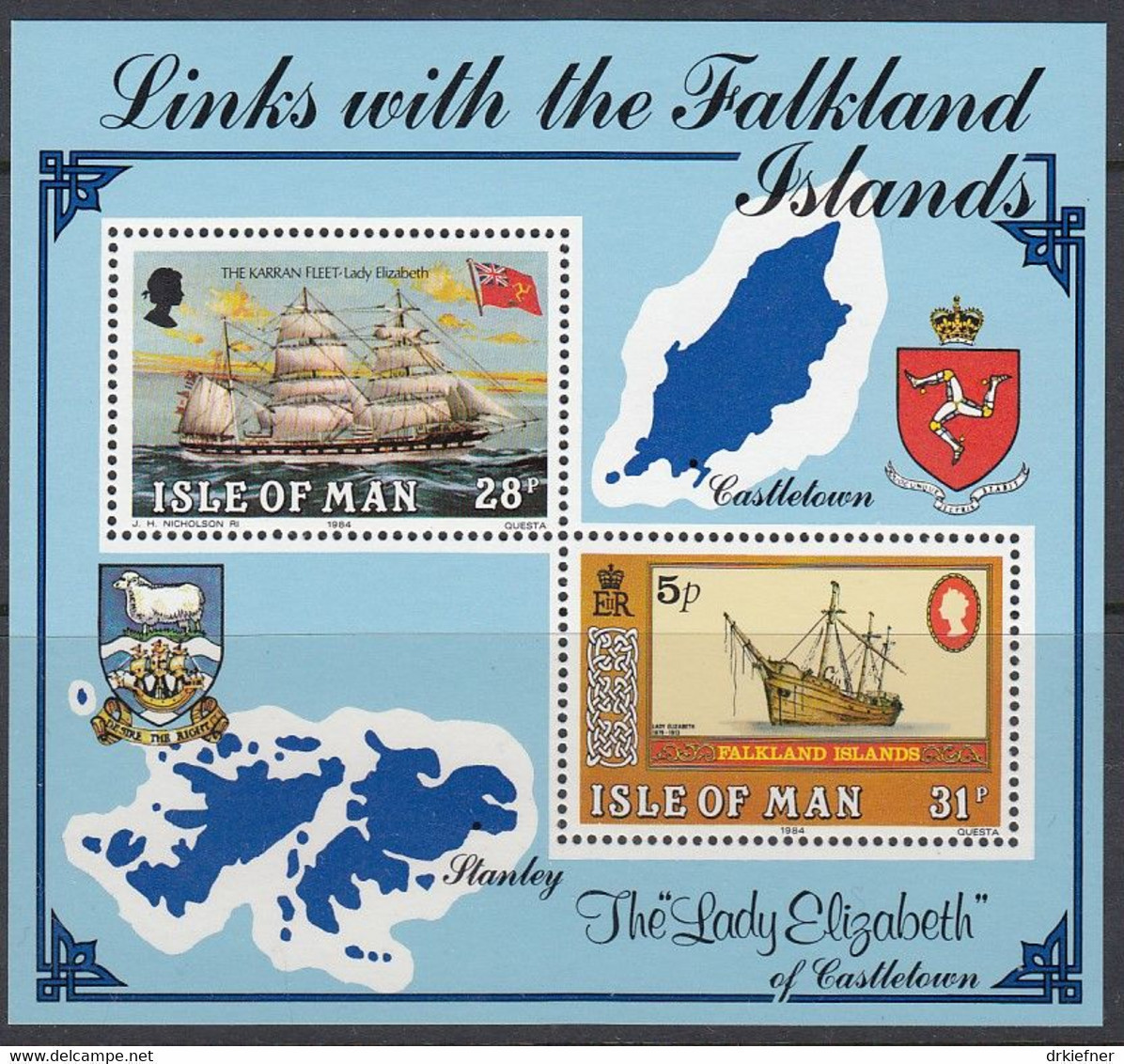 ISLE OF MAN, Block 7, Postfrisch **, Historische Verbindung Mit Den Falklandinseln, 1984 - Man (Ile De)