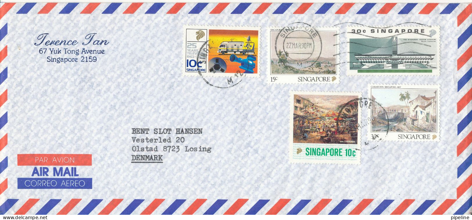 Singapore Air Mail Cover Sent To Denmark 22-3-1990 With More Topic Stamps - Singapur (1959-...)