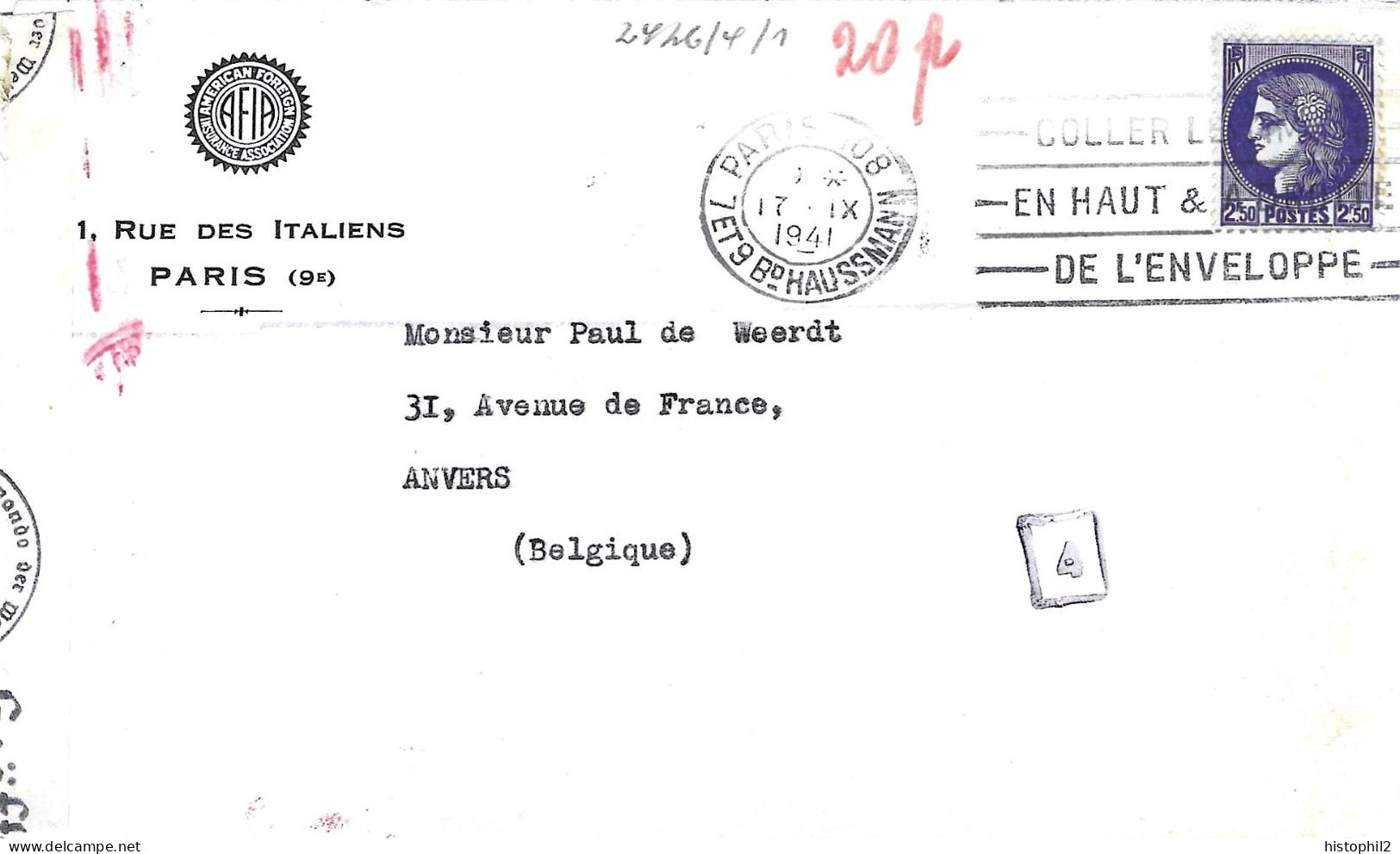 2F50 Cérès De 1938 Obl Paris 108 17/9/1941 Sur Lettre Censurée à Cologne Pour Anvers - 2. Weltkrieg 1939-1945