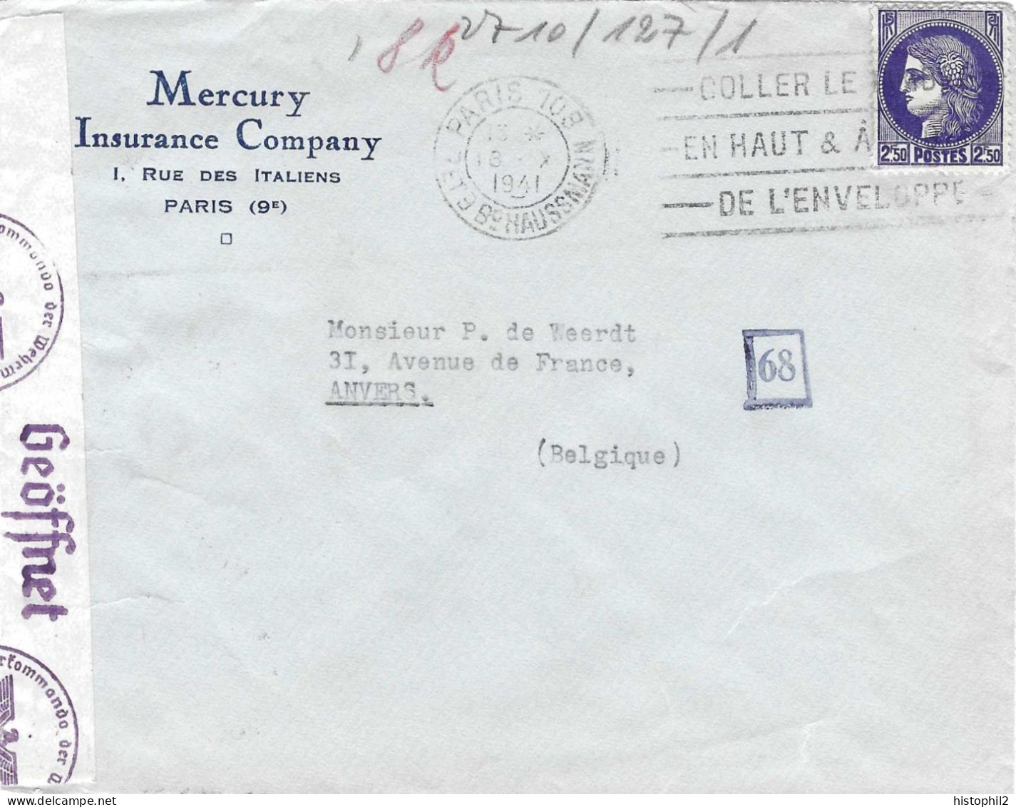 2F50 Cérès De 1938 Obl Paris 108 18/10/1941 Sur Lettre Censurée à Cologne Pour Anvers - Lettres & Documents