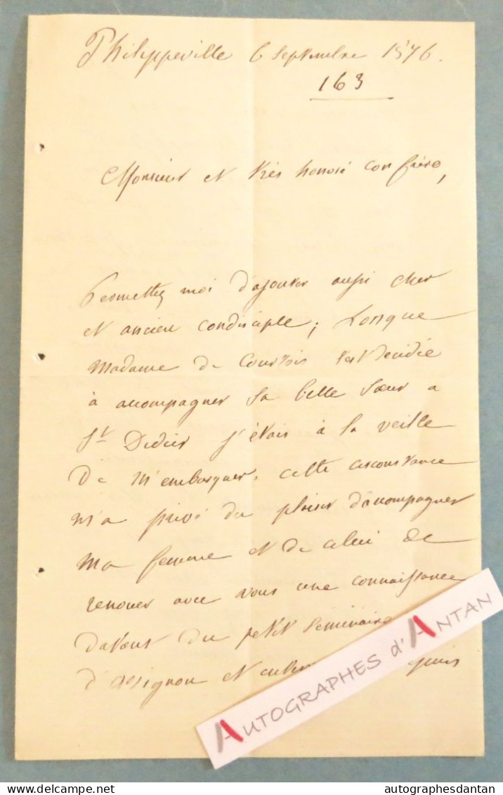 ● L.A.S 1876 Docteur Henri De Courtois Médecin En Chef De L'Hôpital Militaire - PHILIPPEVILLE - Lettre Autographe LAS - Uitvinders En Wetenschappers