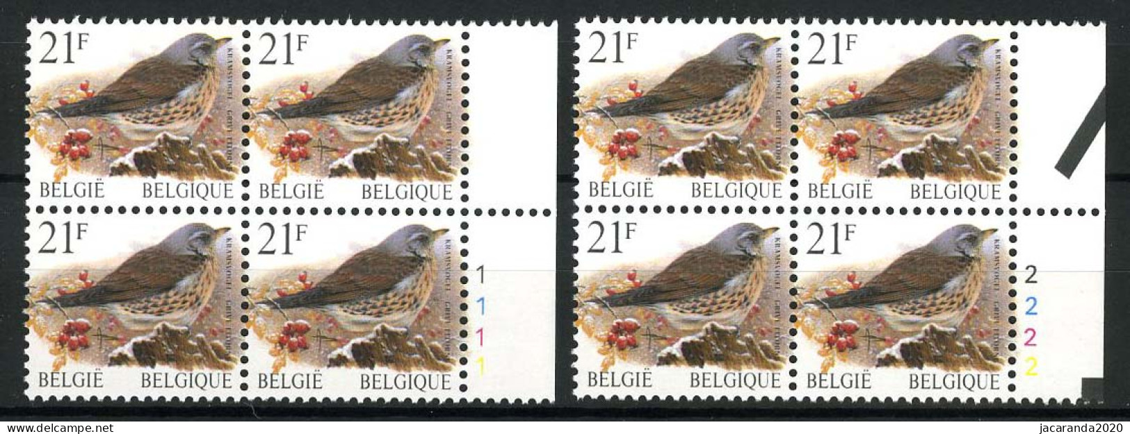 België 2792 - Vogels - Kramsvogel - André Buzin - Plnr 1 En 2 - In Blok Van 4 - 1991-2000