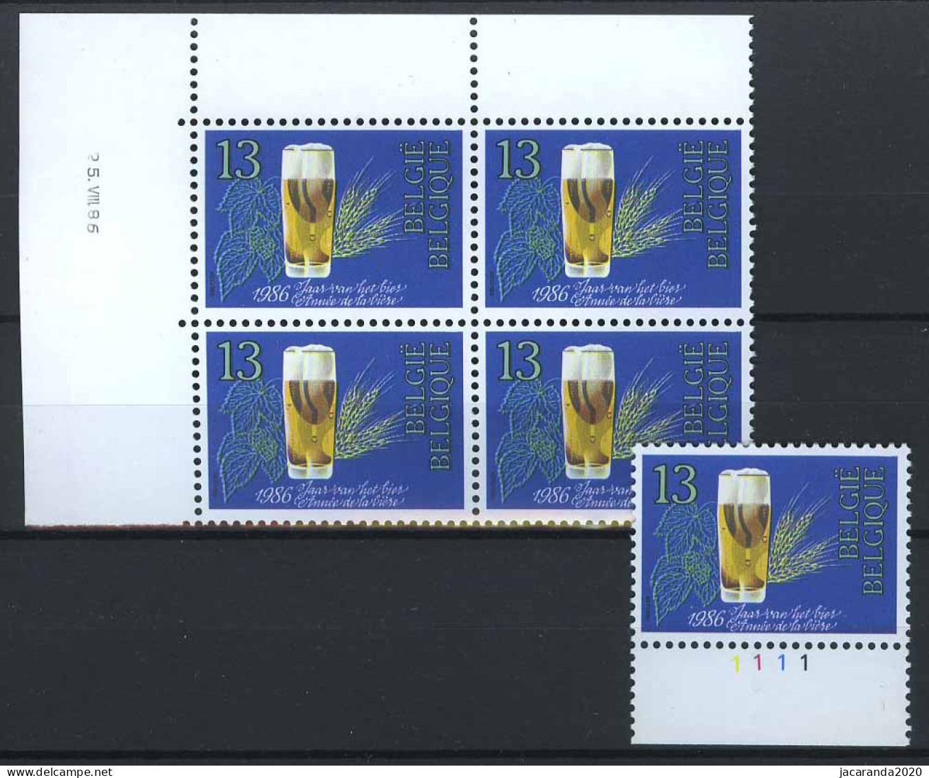 België 2230 - Jaar Van Het Belgisch Bier - Année De La Bière Belge - Hoekdatum + Plaatnummer 1 - Coins Datés