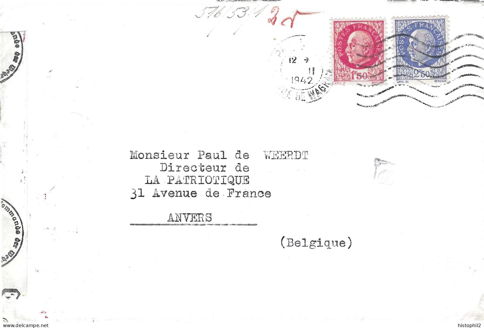 1F50 Et 2F50 Pétain De Prost Obl Paris Av De Wagram Fév 1942 Sur Lettre Censurée à Cologne Pour Anvers - 1941-42 Pétain